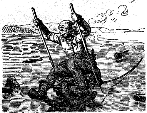 Tegning af  mand  på slæde på Limfjorden